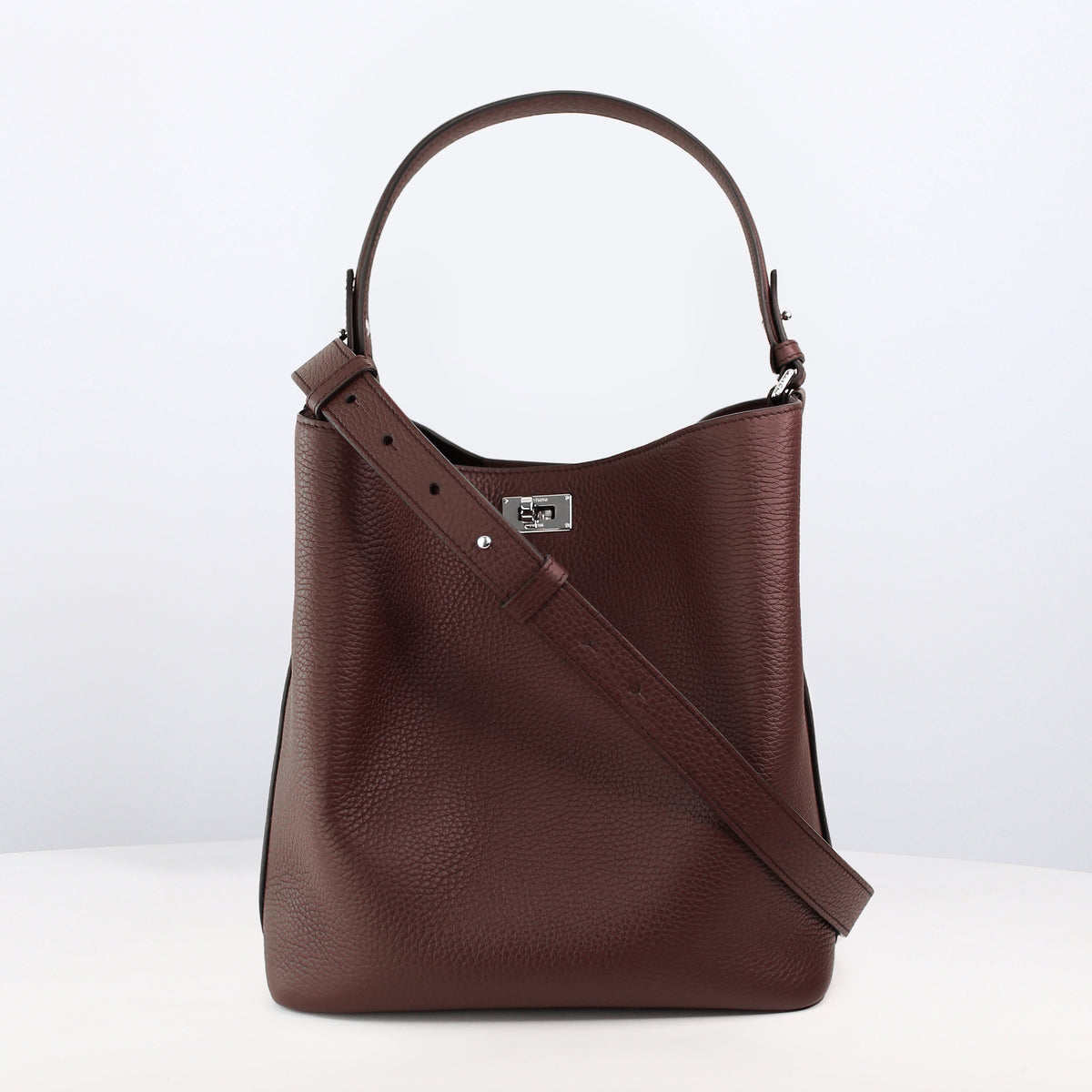 LEATHER BUCKET BAG ODEON PM PRUNE