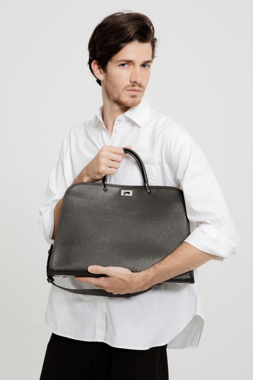 SAC MULTIPOCHES SAINT-GERMAIN EN CUIR ET TOILE GRIS CHARBON