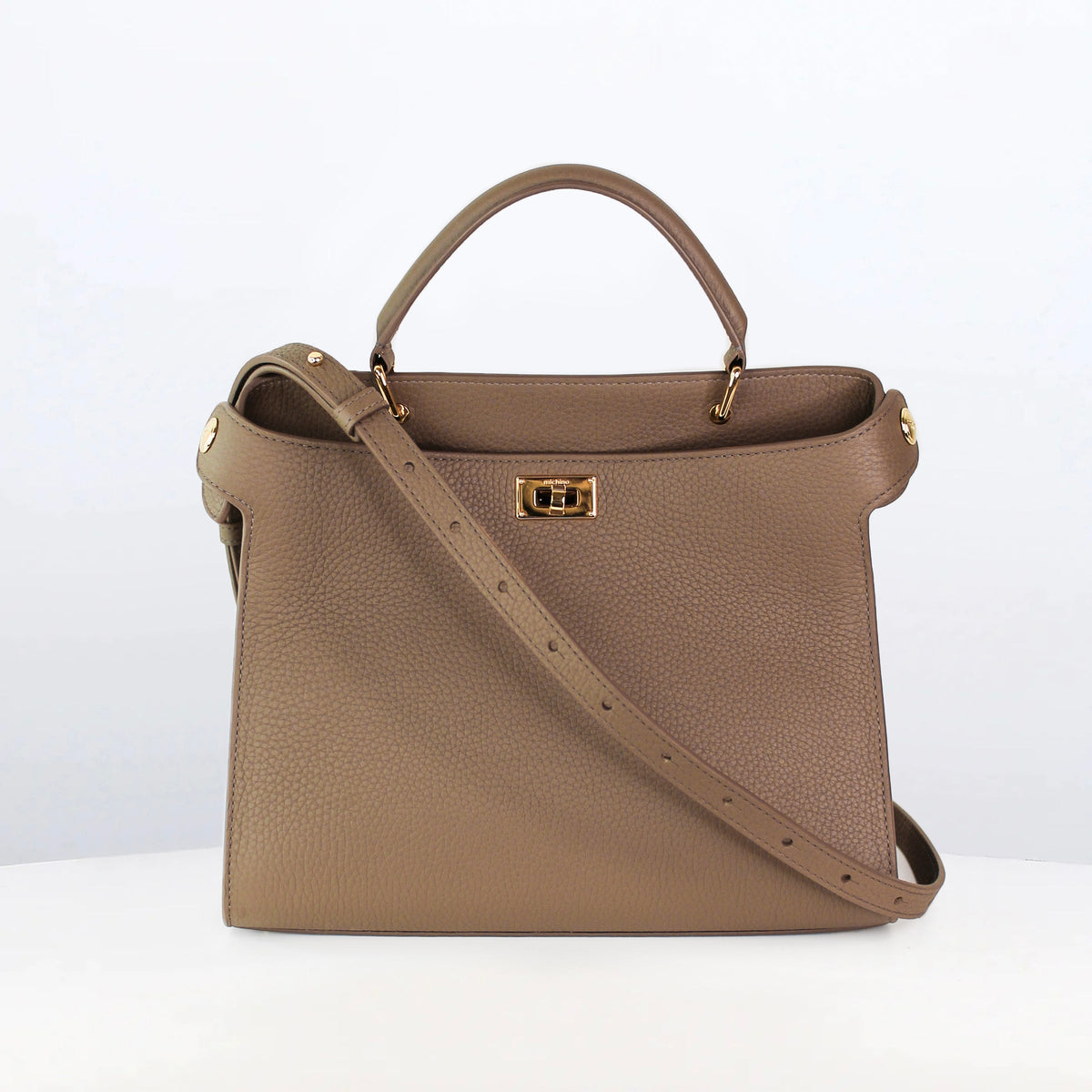 LEATHER HANDBAG LUTECE 27 TAUPE WITH GOLD HARWARE