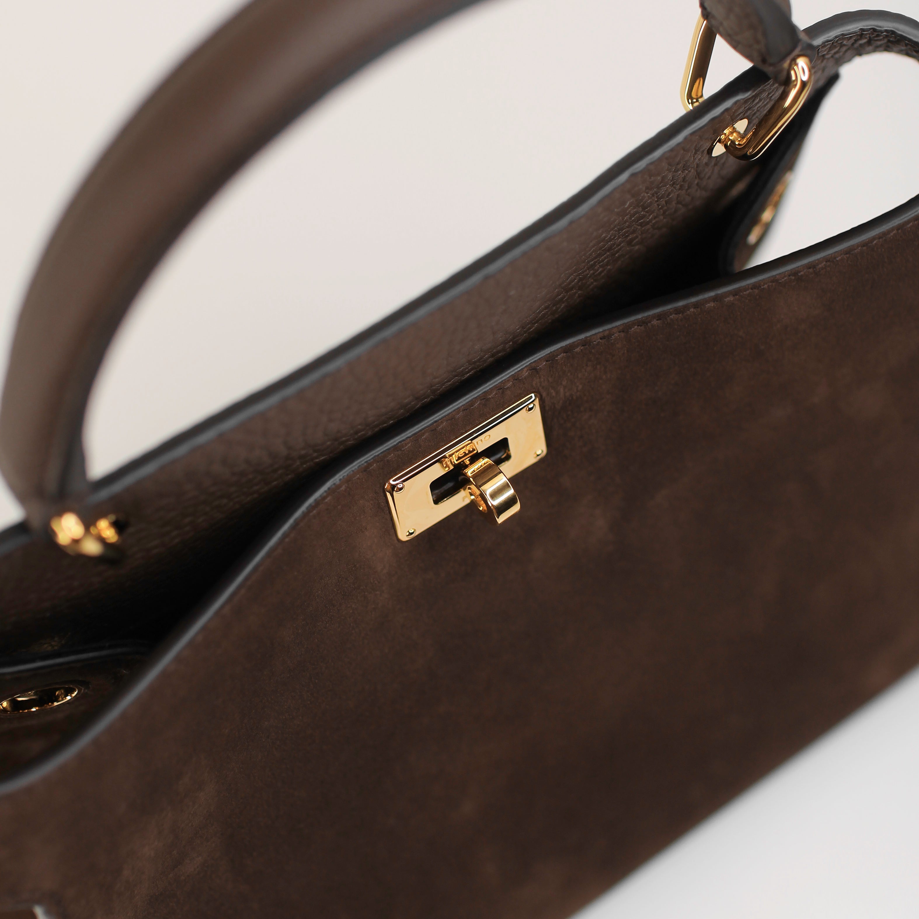 LEATHER HANDBAG LUTECE MINI NUBUCK CHOCOLATE WITH GOLD HARDWARE