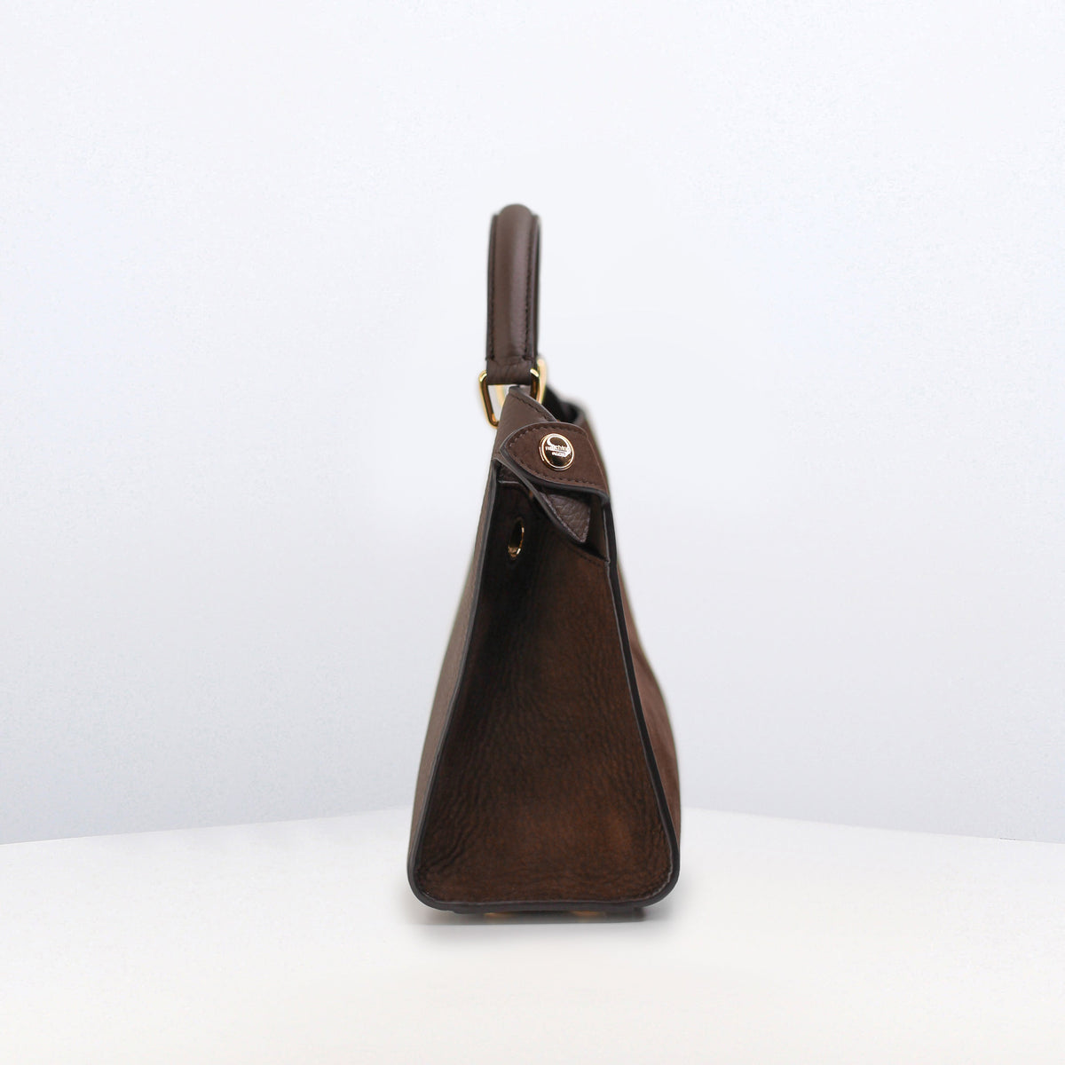LEATHER HANDBAG LUTECE MINI NUBUCK CHOCOLATE WITH GOLD HARDWARE