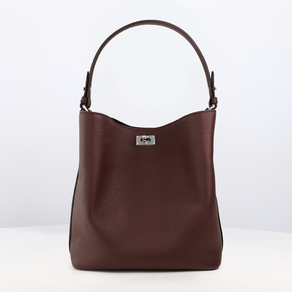 LEATHER BUCKET BAG ODEON PM PRUNE