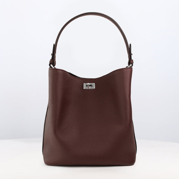 LEATHER BUCKET BAG ODEON PM PRUNE
